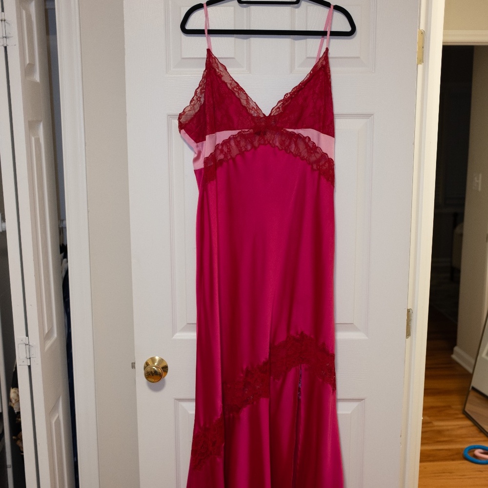 Hot Pink Satin Lace Trim Maxi Dress with Slit - Perfect for Valentines Day